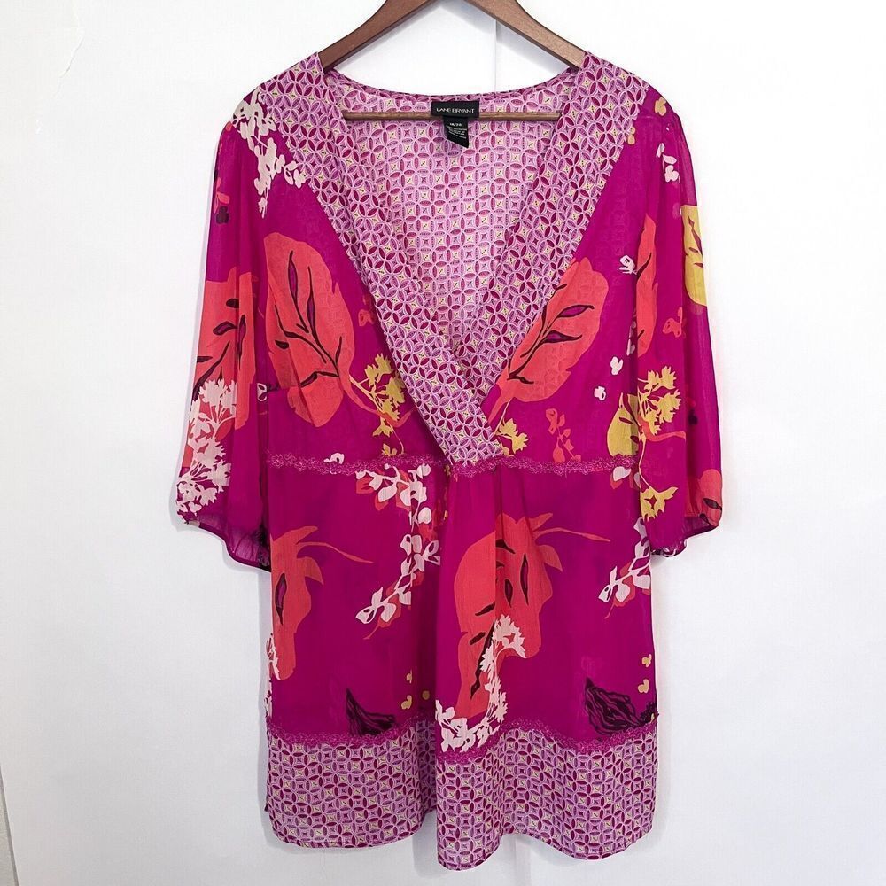 Lane Bryant Women's Blouse Tunic Semi Sheer Size 18/20 Mixed Print Pink Colorful